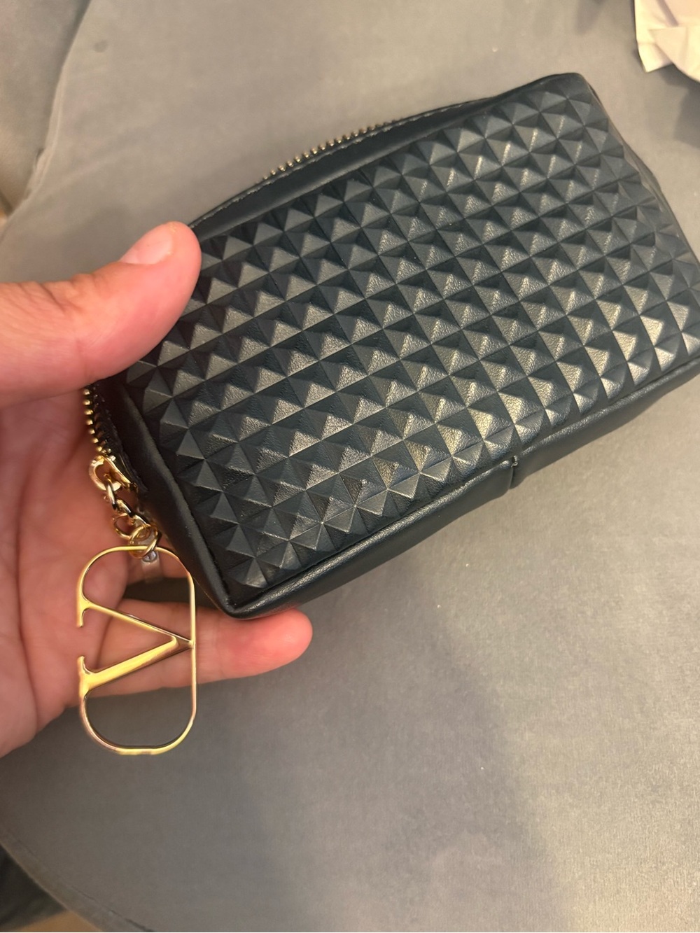 Valentino Black Quilted Rockstud Zip Card & Key Holder with Gold V Charm